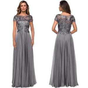 LA FEMME Chiffon Skirt Metallic Lace Evening Dress Gown 27924 Platinum 18 NWT